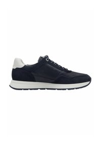 Sneaker in suede e mesh blu navy con suola in gomma bianca, dotata di un pannello testurizzato, lacci rotondi e linguetta imbottita.