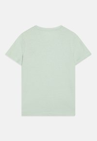 Tricou din bumbac de culoare verde deschis, cu mâneci scurte, decolteu rotund și o textură moale, netedă. Design simplu, fără motive sau accente.