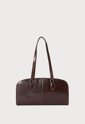 Brown leather handbag with two long handles, a structured rectangular shape, smooth texture, and rounded edges. Features accent details at the handles.