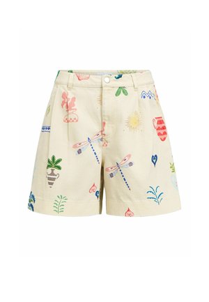 Béžové krátke nohavice so zapínaním na gombíky, zdobené farebnými potlačami vážok, rastlín, slnka, sŕdc a váz.