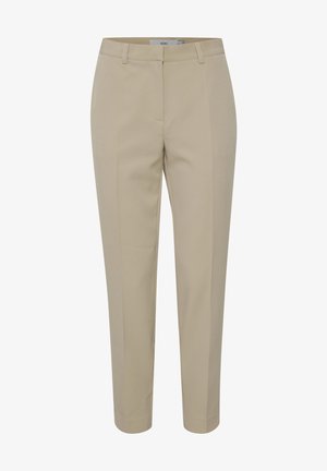 Beige tailored trousers made of smooth fabric, featuring a straight leg design, front pockets, and a subtle crease down each leg.