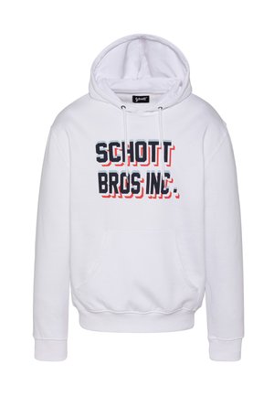 Weißer Hoodie mit Fronttasche und Kordelzug, mit dem Schriftzug "SCHOTT BROS INC." in fettgedruckten schwarzen Buchstaben mit rotem Schatten.