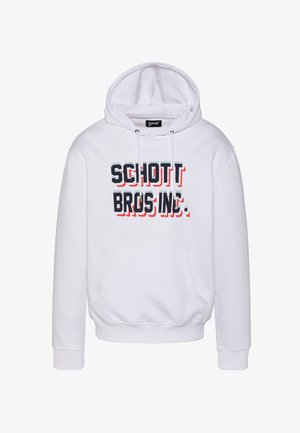 Sweat à capuche blanc avec poche avant et cordons, arborant le texte "SCHOTT BROS INC." en lettres noires en gras avec ombre rouge.