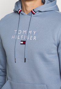 Sudadera azul claro hecha de una mezcla de algodón. Presenta el texto "TOMMY HILFIGER" bordado en blanco, con un pequeño logotipo horizontal en rojo, blanco y azul.