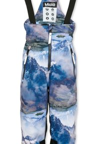 Molo skibroek met een berglandschap print, gemaakt van duurzaam fabric, heeft verstelbare banden, ritsen en elastische manchetten.