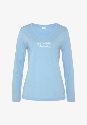 Long-sleeve light blue shirt made of soft cotton, featuring a round neckline and white text that reads, "life is a collection of moments."