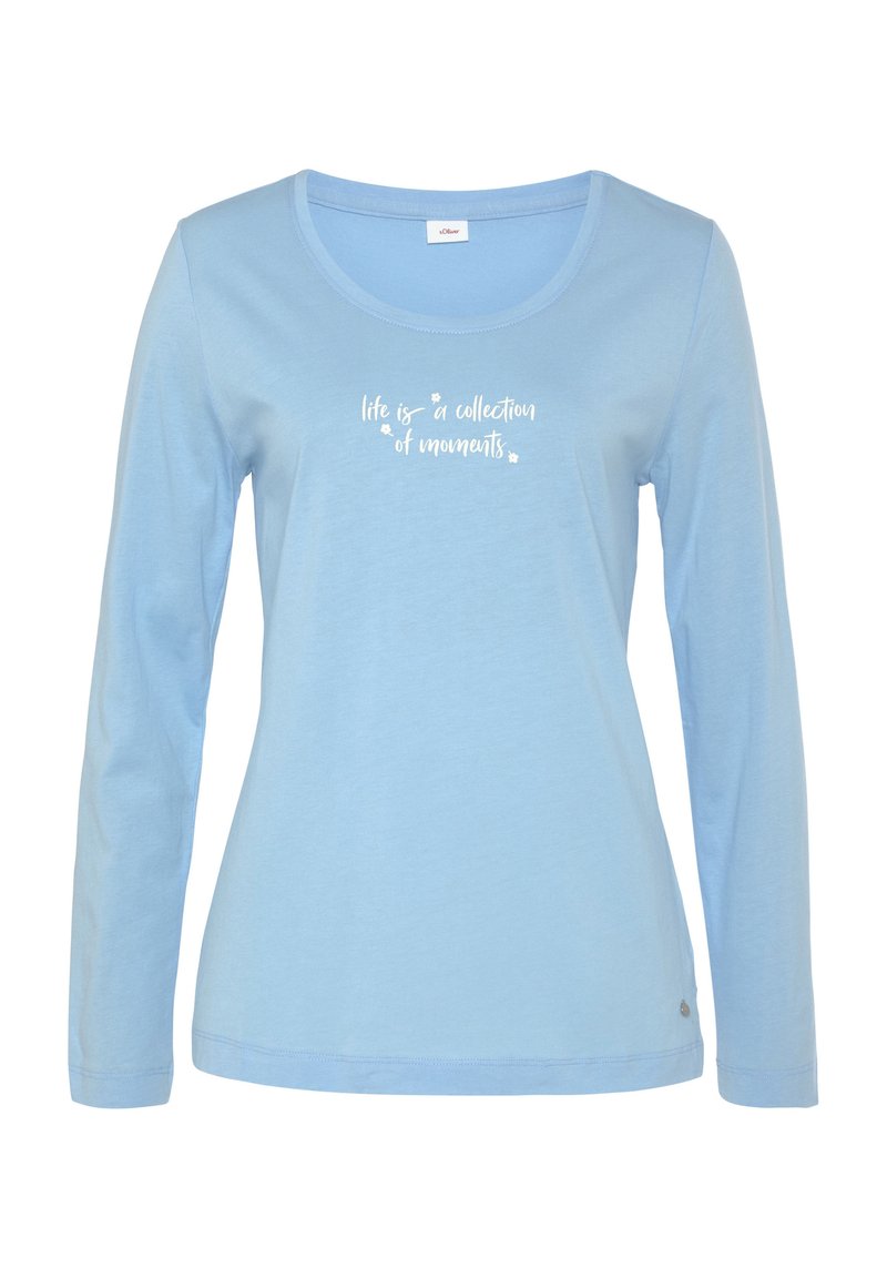 Long-sleeve light blue shirt made of soft cotton, featuring a round neckline and white text that reads, "life is a collection of moments."