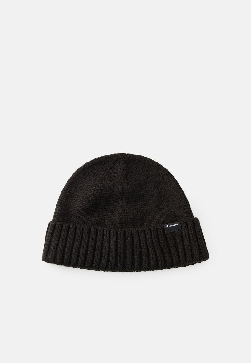 Black knit beanie featuring a ribbed cuff, textured material, rounded top, and a small logo tag on the side.