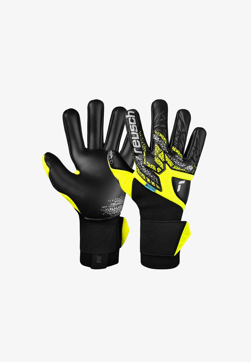 Guanti da portiere neri con accenti gialli, superficie testurizzata, dita flessibili e cinturini regolabili per una vestibilità sicura.