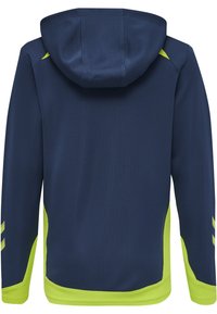 Marinefarbener Hoodie mit strukturiertem Finish, ausgestattet mit einer Kapuze, lebhaften grünen Akzenten an den Seiten und einem figurbetonten Design für eine enge Passform.