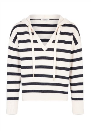 Felpa a righe in crema e blu navy, con scollo a V, maniche lunghe e cordoncino. Realizzata in un materiale morbido con una leggera lucentezza.