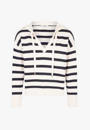 Gestreepte hoodie in crème en marine, met een V-hals, lange mouwen en een trekkoord. Gemaakt van zacht materiaal met een subtiele glans.