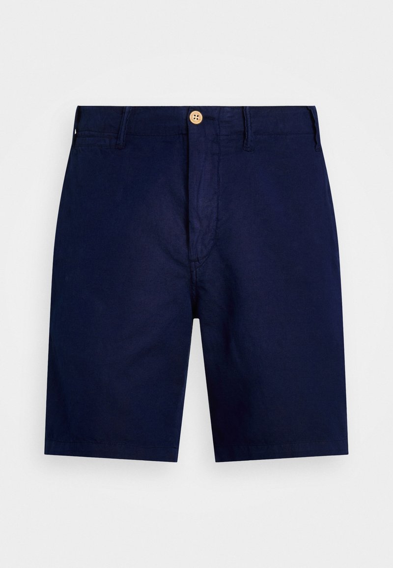 Tumši zili šorti, izgatavoti no viegla auduma, ar priekšējo pogu aizdari, jostas cilpām un vienkāršu dizainu bez rakstiem.