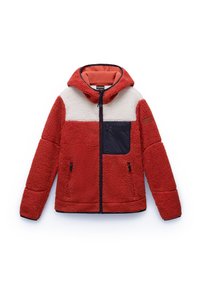 Red fleece jacket with a white and navy chest panel, hood, zip closure, two zippered pockets, and textured fabric.
