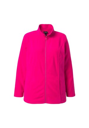 Chaqueta de forro polar rosa brillante con mangas largas, cuello alto y cremallera delantera, exhibida sobre un fondo blanco.