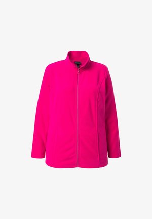 Helle pinke Fleecejacke mit langen Ärmeln, Stehkragen und Frontreißverschluss, präsentiert auf einem weißen Hintergrund.