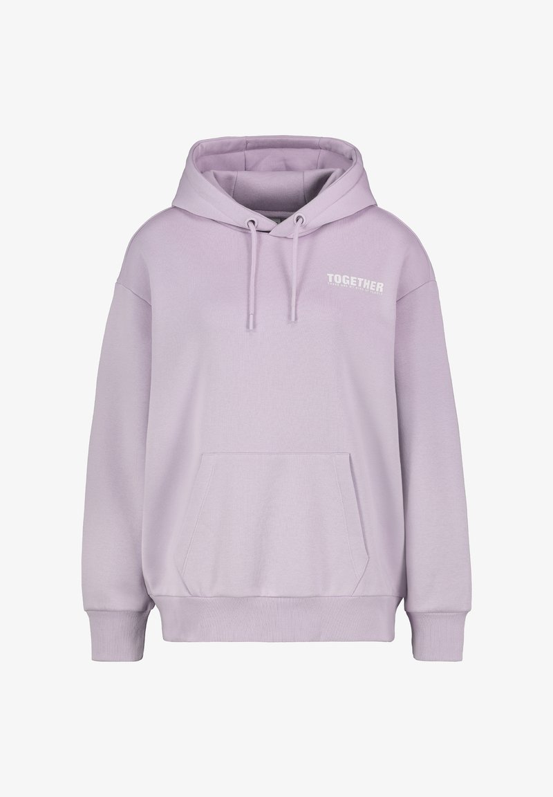 Lavendel Kapuzenpullover aus weichem Baumwollmix, mit einer vorderen Kängurutasche, Kapuze mit Kordelzug und "TOGETHER"-Logo in Weiß.