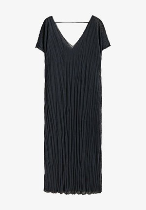 Vestito nero plissettato con scollo a V e maniche corte. Presenta un bordo in pizzo lungo l'orlo. Realizzato in tessuto leggero e fluente.