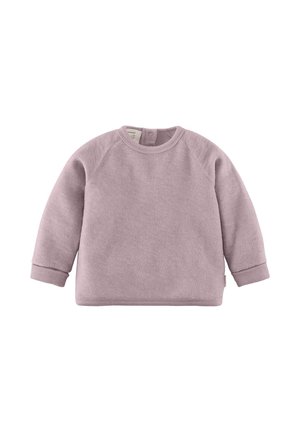 Soft light purple long-sleeve baby sweatshirt with ribbed cuffs and neckline, featuring a snap button closure at the back.