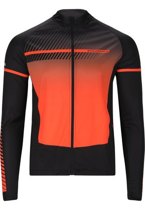 Langærmet cykelskjorte i sort og gradient orange. Har en lynlås lukning, teksturerede striber og reflekterende detaljer for synlighed.