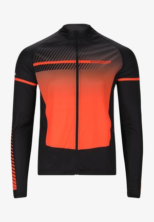 Langærmet cykelskjorte i sort og gradient orange. Har en lynlås lukning, teksturerede striber og reflekterende detaljer for synlighed.