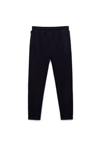 Granatowe spodnie dresowe o gładkiej fakturze, zwężane nogawki, elastyczny pas i dopasowane ściągacze przy kostkach. Brak widocznych wzorów i ozdób.