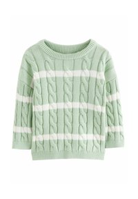 Pull en tricot torsadé vert clair avec des rayures blanches horizontales, encolure ronde et manches trois-quarts. Texture douce, design décontracté.