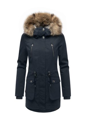 Parka navy avec capuche en fausse fourrure, deux poches poitrine zippées, taille à cordon et poignets côtelés. Tissu lisse, résistant aux intempéries.