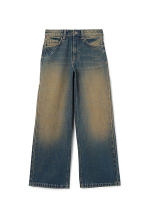 Wijde blauwe jeans, vervaagd bij de bovenbenen, met een vijf-pocket ontwerp, denimstructuur en een metalen knoopsluiting bij de taille.