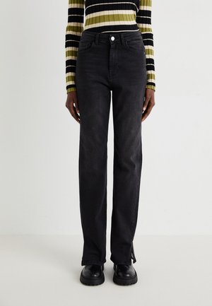 Black straight-leg jeans with a classic five-pocket design, featuring a front button closure and a smooth denim texture.