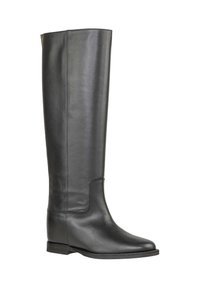 Stivale in pelle nera al ginocchio con una finitura liscia, punta arrotondata e tacco basso. Presenta una tomaia senza cuciture e dettagli di cucitura minimi.