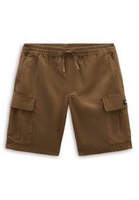 Bruna cargoshorts med elastisk midja, dragsko och två sidofickor med ficklock. Lämpliga för avslappnad användning.