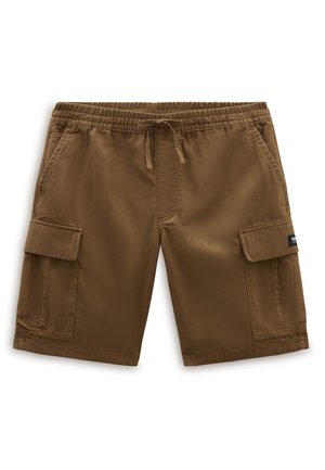 Brune cargo shorts med elastisk talje, snøre og to sidelommer med klapdetaljer. Velegnet til afslappet brug.