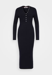 Marineblaues, geripptes Kleid mit langen Ärmeln, V-Ausschnitt und dekorativen Knöpfen entlang der Vorderseite. Figurbetonte Silhouette, dehnt sich bis zur Knöchellänge.
