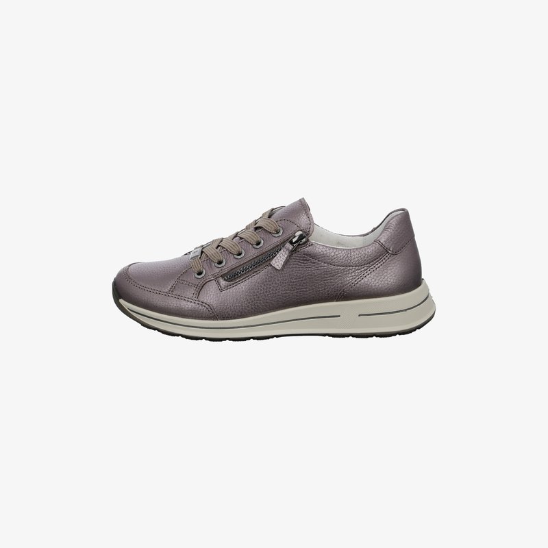 Metallic-grauer Leder-Sneaker mit niedrigem Schaft, Schnürsenkeln, seitlichem Reißverschluss und weißer, gepolsterter Sohle.