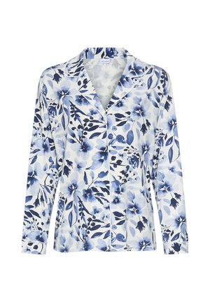 Langärmeliges Hemd mit Knopfleiste, blauem und marinefarbenem Blumenmuster auf weißem Hintergrund und einem Reverskragen.
