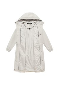 Długi lekko beżowy płaszcz przeciwdeszczowy z kapturem, elastycznymi mankietami, zatrzaskami i gładką podszewką, otwarty, aby pokazać detale wnętrza.