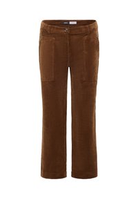Bruine corduroybroek met een straight leg ontwerp, voorzien van twee voorkruippockets en een knoopsluiting in de taille. Gelaagd, ribbelachtig stof.