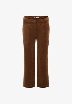 Braune Cordhosen mit geradem Bein, die zwei Vorderaschen und einen Knopfverschluss an der Taille aufweisen. Strukturierter, gerippter Stoff.