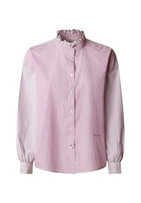 Roza in bela črtasta majica z dolgimi rokavi, z volančastim ovratnikom, gumbi spredaj in nabranimi rokavi. Iz lahkega blaga.