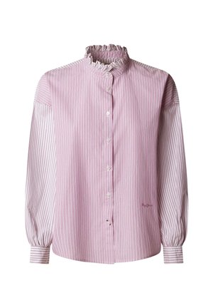 Roosa-valgete triipudega pikkade varrukatega särk volangikaeluse, nööpidega esikülje ja punnis varrukatega. Valmistatud kergest kangast.