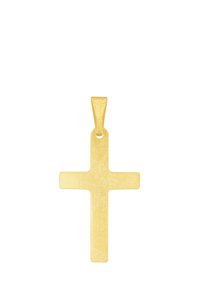 Kreuzanhänger aus Gelbgold mit einer flachen, strukturierten Oberfläche und einer vertikalen Schlaufe zur Befestigung. Einfaches geometrisches Design, ohne Verzierungen.