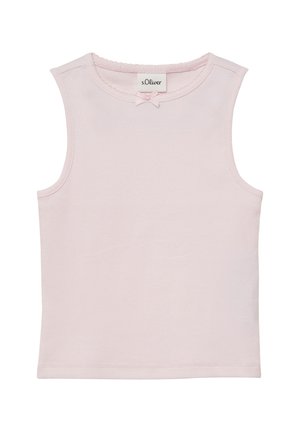 Haut sans manches rose clair pour tout-petit avec texture côtelée, encolure ronde, petit nœud à l'avant et étiquette de marque s.Oliver à l'intérieur du col.