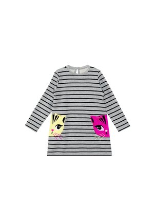 Gray striped dress with long sleeves. Features two front pockets with colorful cat face appliqués in yellow and pink. Soft fabric texture.