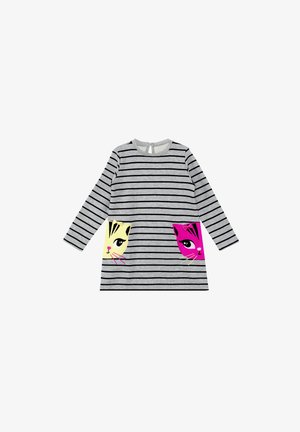Grau gestreiftes Kleid mit langen Ärmeln. Verfügt über zwei vordere Taschen mit bunten Katzenkopf-Applikationen in Gelb und Pink. Weicher Stoff.