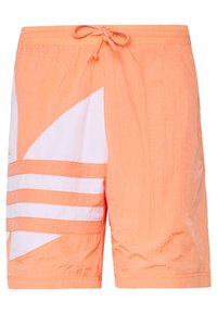 Persikanväriset uimashortsit, jotka on valmistettu kevyestä kankaasta. Niissä on valkoinen geometrinen kuviointi ja säädettävä vyötärönauha nyörillä.