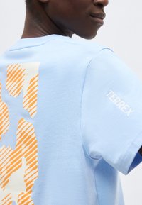 Άτομο που φοράει ανοιχτό μπλε μπλουζάκι με μεγάλο πορτοκαλί λογότυπο της Adidas με σχέδιο στην πλάτη και τη λέξη «TERREX» στο μανίκι.