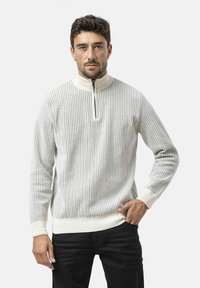 Hellgrauer Strickpullover mit halbem Reißverschluss und vertikalen Rippstrickdetails, langen Ärmeln sowie weißen Akzenten am Kragen und Saum.