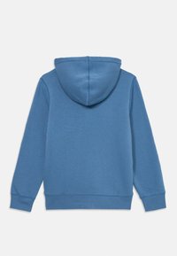Blå bomullshuvtröja med en mjuk textur, utrustad med en dragsko i huvan och ribbade ärmslut. Designen är enkel och utan dekorationer.
