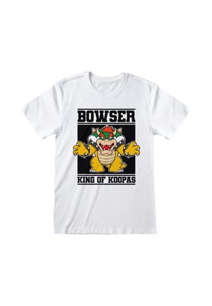 White t-shirt featuring a graphic print of Bowser in bright colors with black and white text reading "BOWSER KING OF KOOPAS."